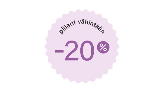 Piilarit v&auml;hint&auml;&auml;n -20 % -teksti ikonin sis&auml;ll&auml;