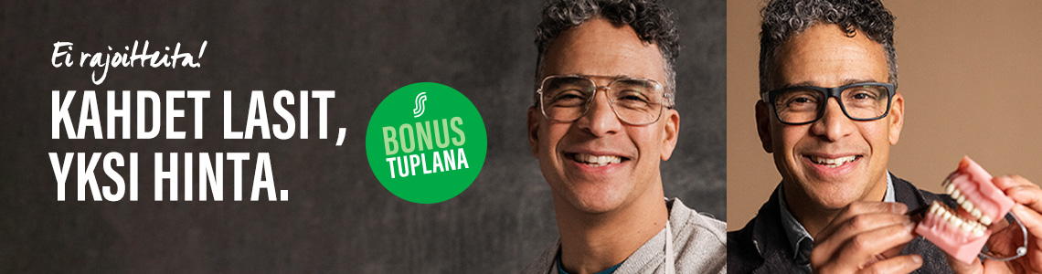 Kahdet lasit, yksi hinta - ja Bonus tuplana -tekstit ja kaksi miestä