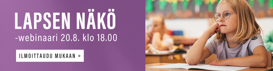 Lapsen näkö -webinaari -teksti ja ekaluokkalainen