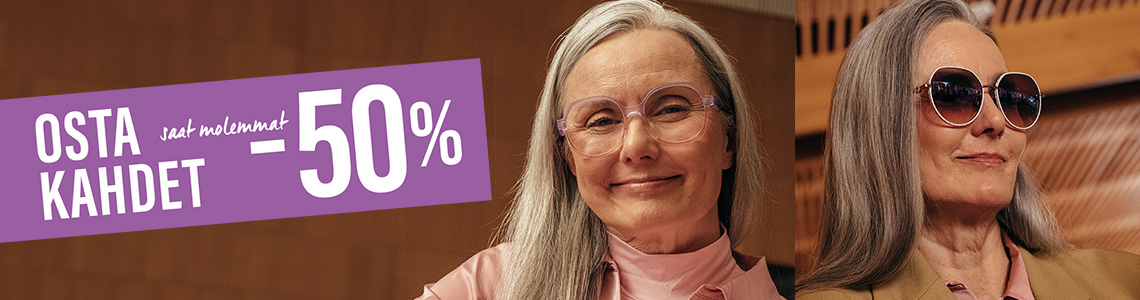 Kahdet lasit -50 % -teksti ja nainen silmä- ja aurinkolasit päässä