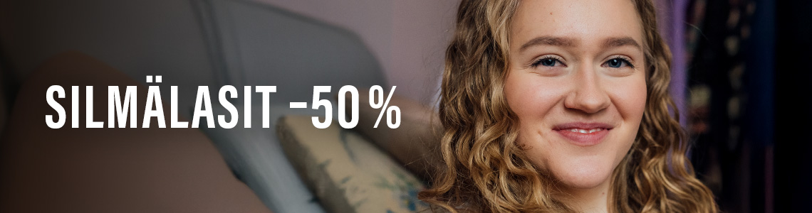 Silmälasit -50 % -teksti ja nainen