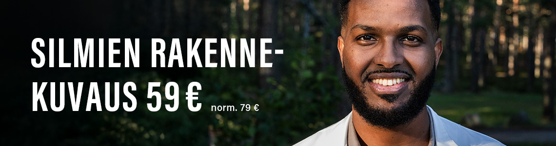 Silmien rakennekuvaus 50 € -teksti ja mies
